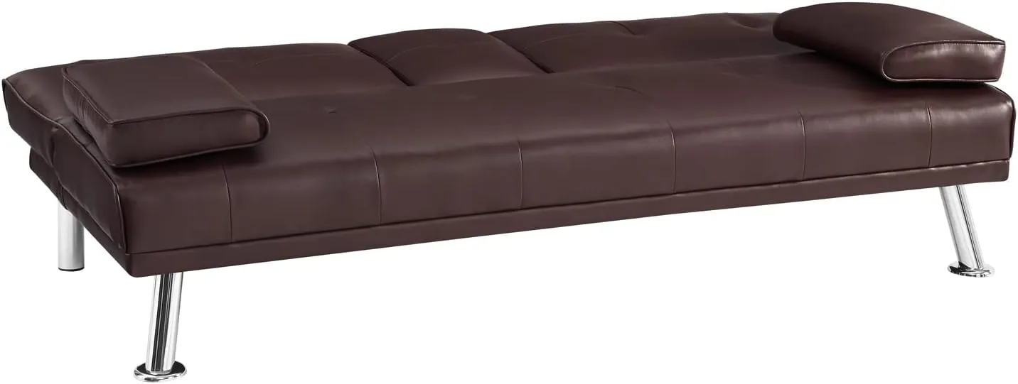 Naomi Home Low Profile Design: Convertible Folding Futon Sofa Bed Sleeper Couch for Living Room Faux Leather Upholstered Futon Sofa with Armrests, Metal Legs, 2 Cup Holders, Espresso