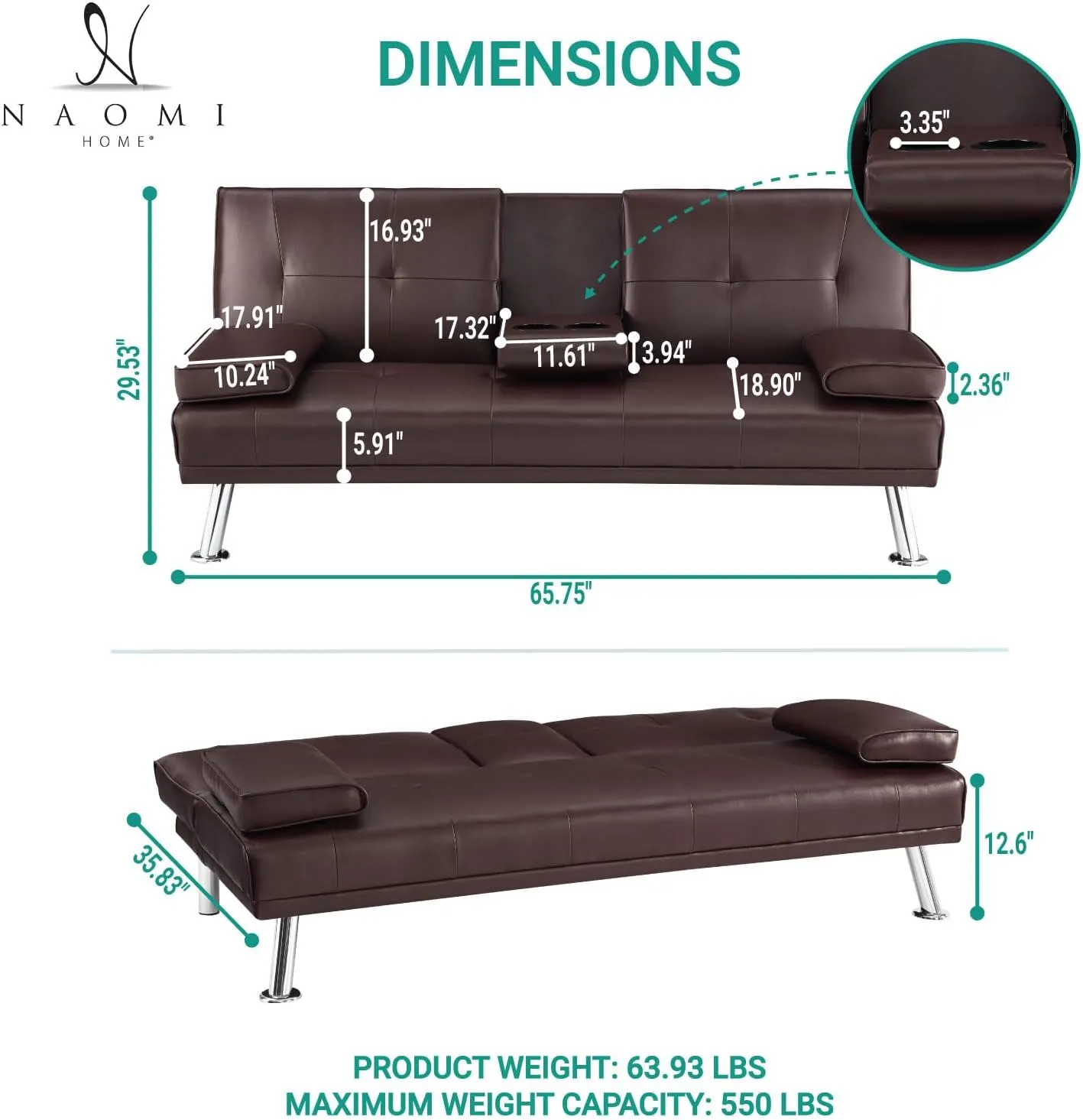 Naomi Home Low Profile Design: Convertible Folding Futon Sofa Bed Sleeper Couch for Living Room Faux Leather Upholstered Futon Sofa with Armrests, Metal Legs, 2 Cup Holders, Espresso