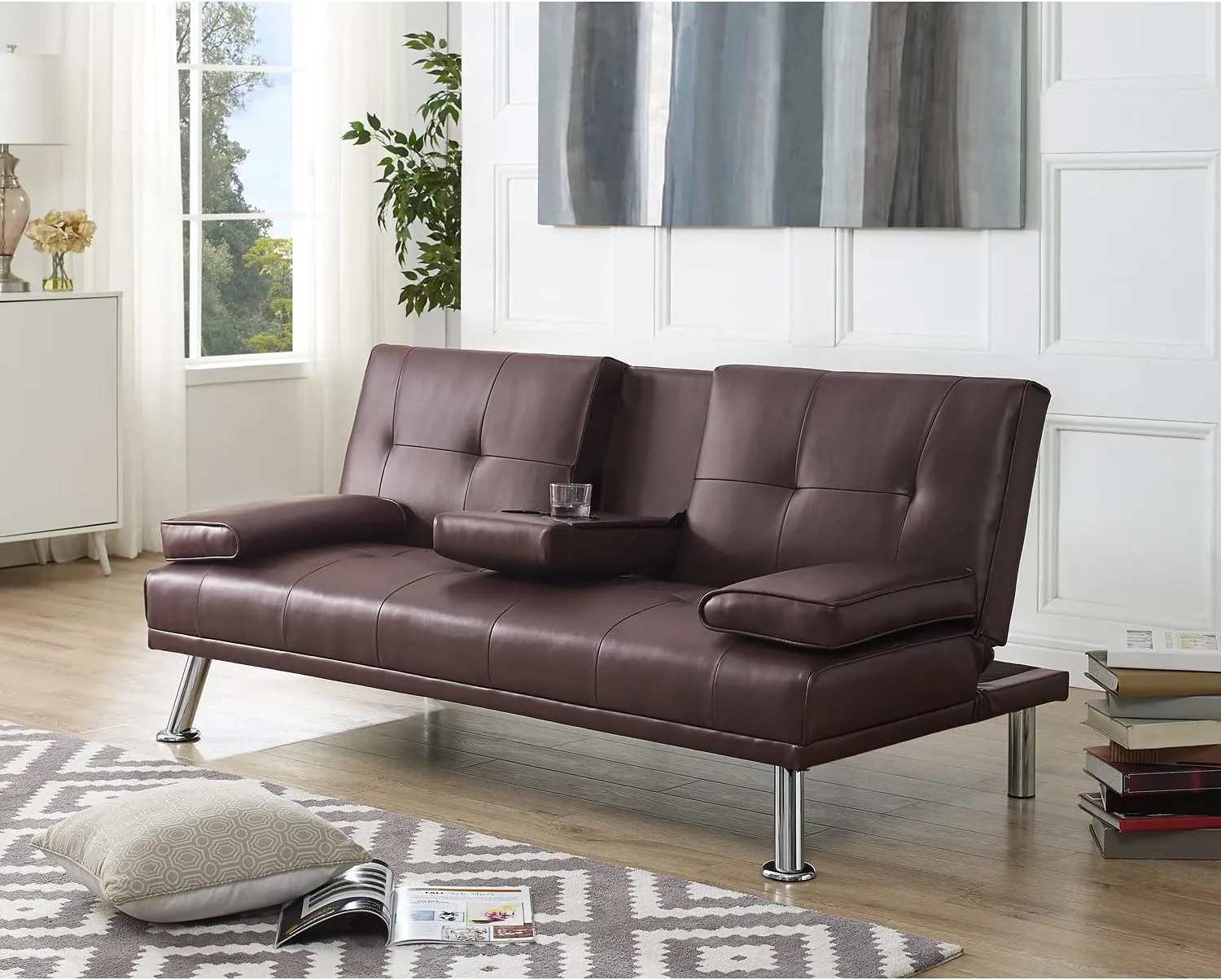 Naomi Home Low Profile Design: Convertible Folding Futon Sofa Bed Sleeper Couch for Living Room Faux Leather Upholstered Futon Sofa with Armrests, Metal Legs, 2 Cup Holders, Espresso