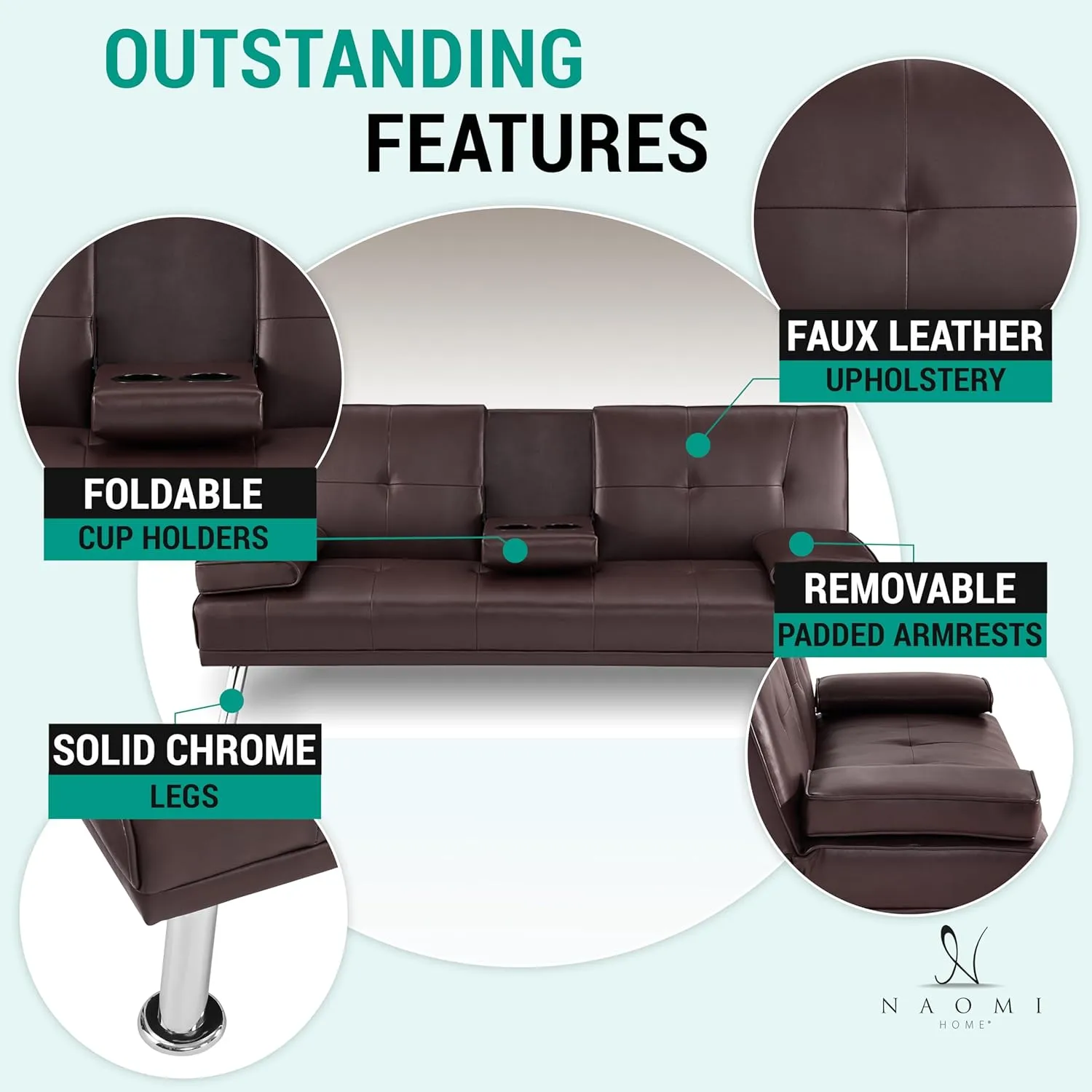 Naomi Home Low Profile Design: Convertible Folding Futon Sofa Bed Sleeper Couch for Living Room Faux Leather Upholstered Futon Sofa with Armrests, Metal Legs, 2 Cup Holders, Espresso