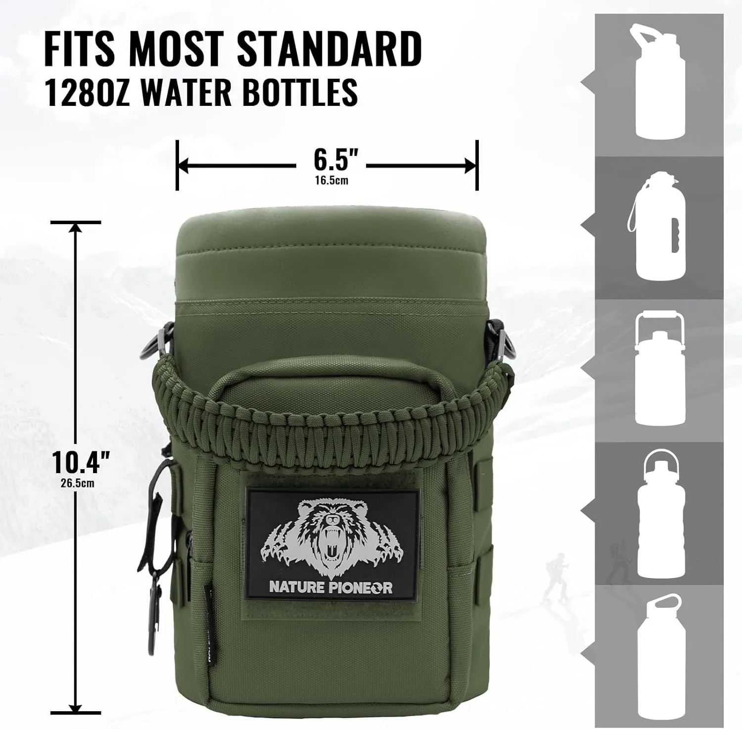 NATURE PIONEOR 32 64 128oz Tactical Water Bottle Pouch, Multi-Function Tactical Water Bottle Bag with Adjustable Shoulder Strap, Half/One Gallon Molle Strap Carrier Holder