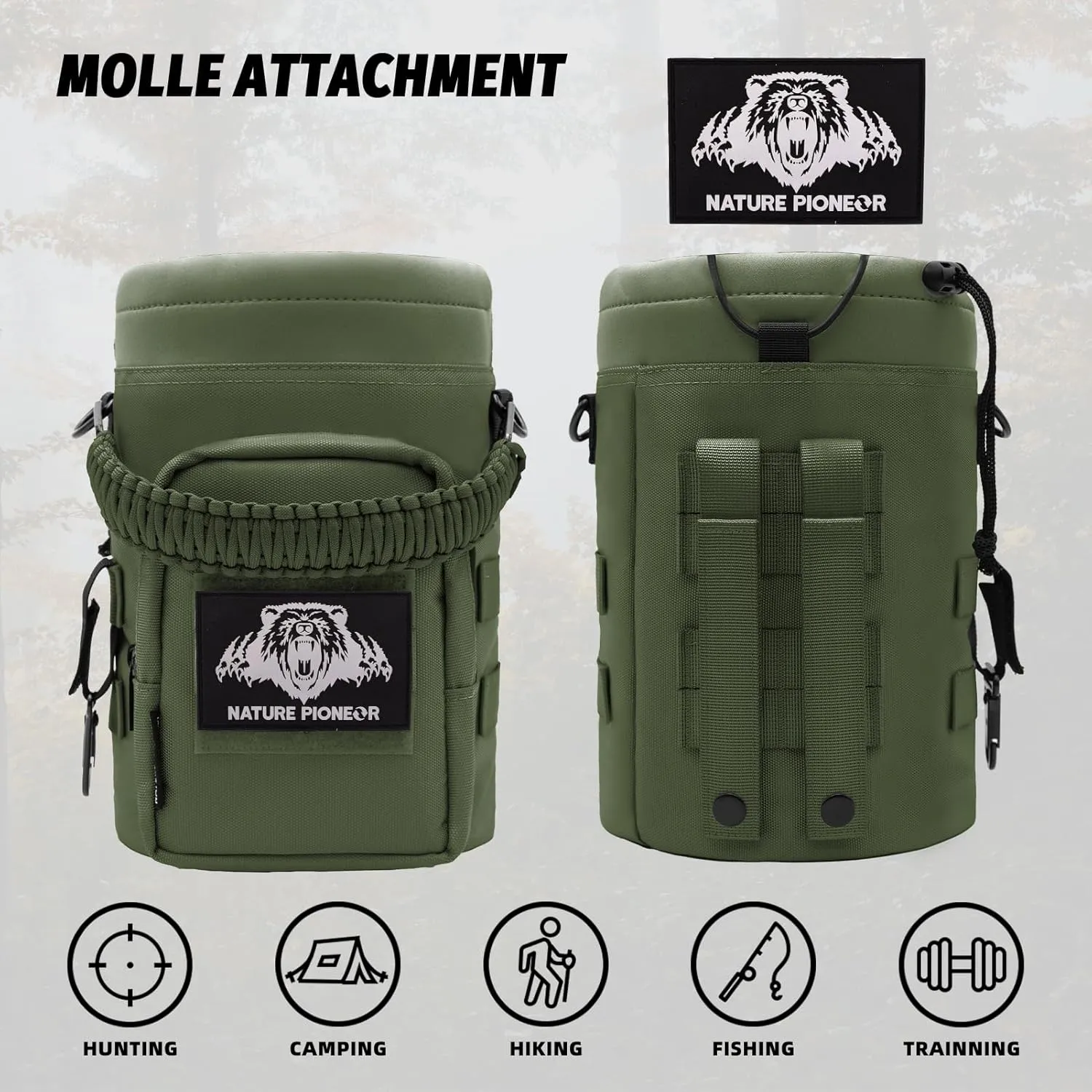 NATURE PIONEOR 32 64 128oz Tactical Water Bottle Pouch, Multi-Function Tactical Water Bottle Bag with Adjustable Shoulder Strap, Half/One Gallon Molle Strap Carrier Holder