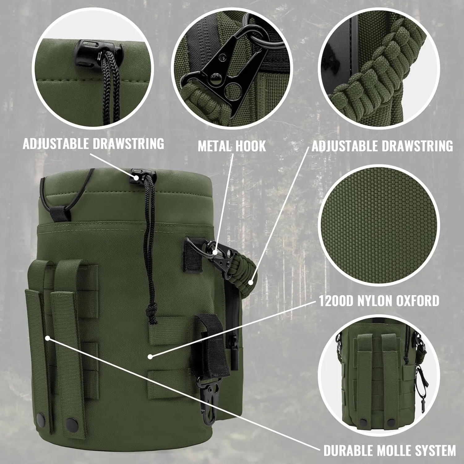 NATURE PIONEOR 32 64 128oz Tactical Water Bottle Pouch, Multi-Function Tactical Water Bottle Bag with Adjustable Shoulder Strap, Half/One Gallon Molle Strap Carrier Holder