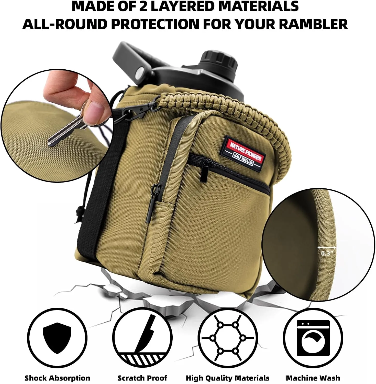 NATURE PIONEOR Insulated Water Bottle Holder with Shoulder Strap for Half/One Gallon 64oz/128OZ Sports Water Jugs Bottles, Carrier/Pouch Sleeve for Outdoor Camping, Hiking,Gym