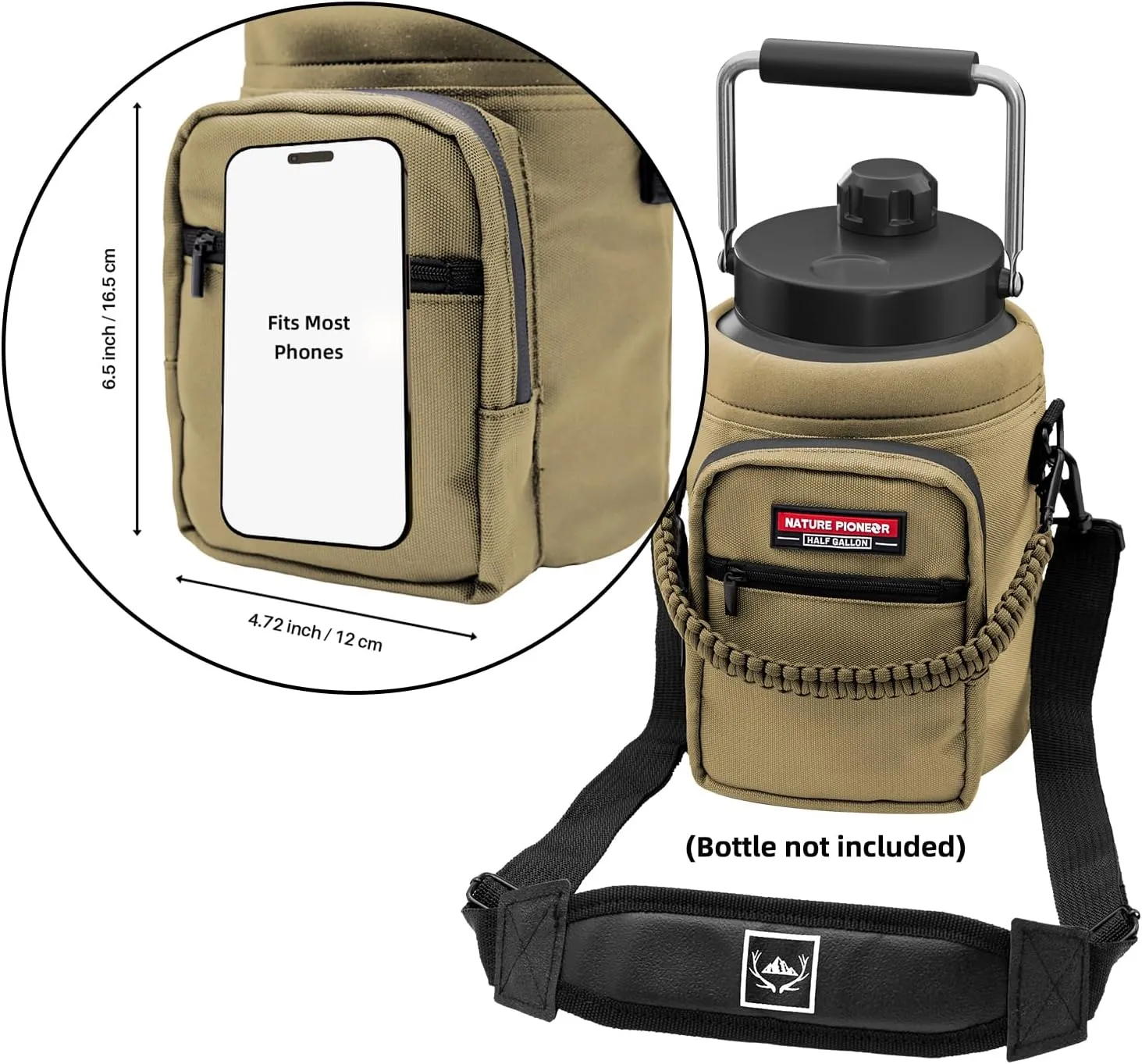 NATURE PIONEOR Insulated Water Bottle Holder with Shoulder Strap for Half/One Gallon 64oz/128OZ Sports Water Jugs Bottles, Carrier/Pouch Sleeve for Outdoor Camping, Hiking,Gym