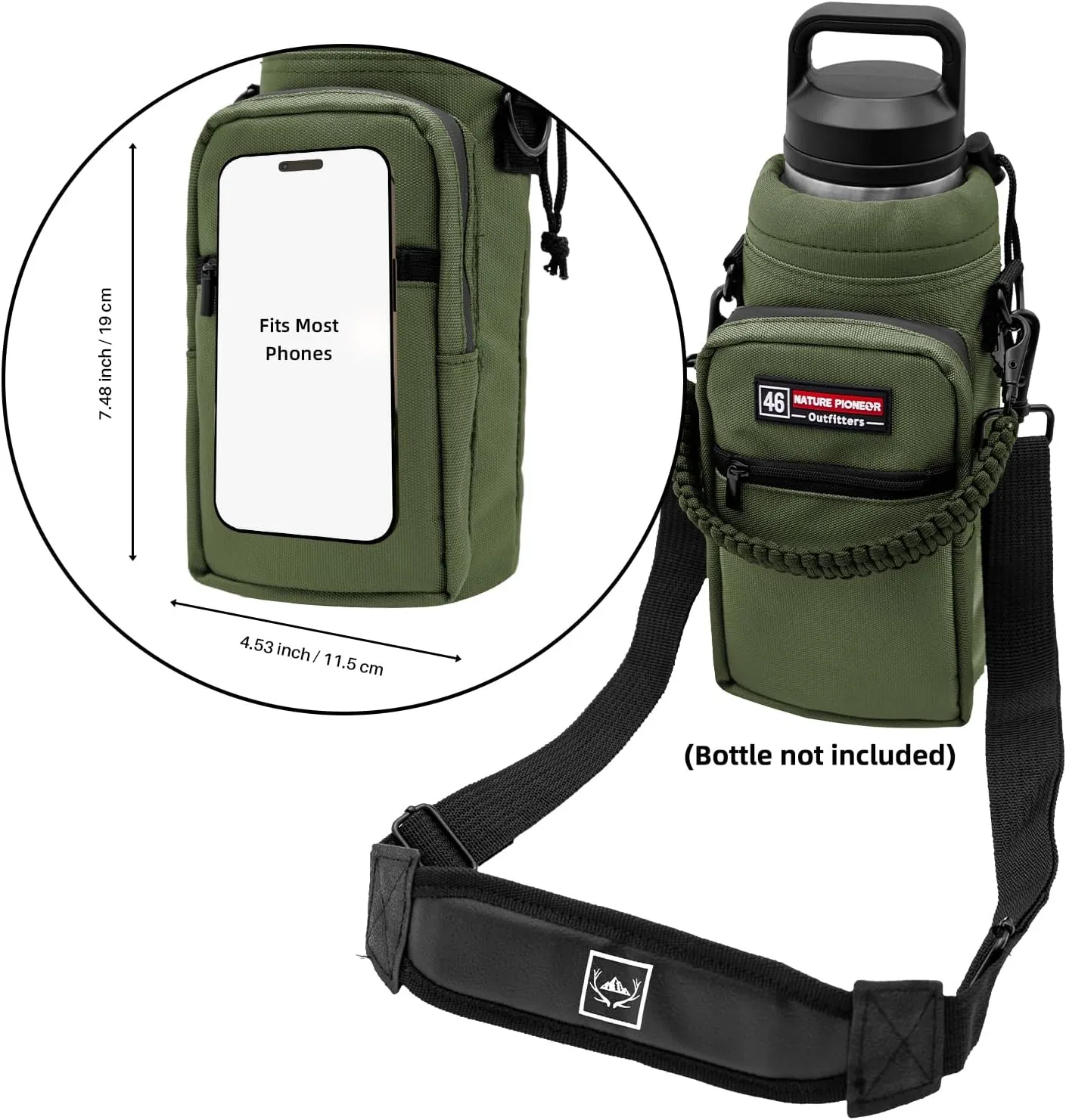 NATURE PIONEOR Water Bottle Carrier with Adjustable Strap - Insulated Sleeve Pouch Water Bottle Holder Bag with Paracord Handle & 2 Storage Pockets for 18/24/25/26/32/36/40/46oz, Hiking, Camping, Gym