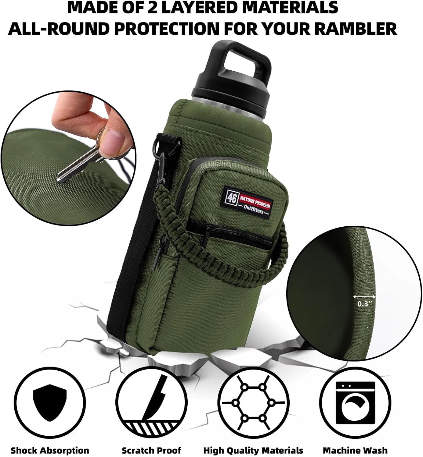 NATURE PIONEOR Water Bottle Carrier with Adjustable Strap - Insulated Sleeve Pouch Water Bottle Holder Bag with Paracord Handle & 2 Storage Pockets for 18/24/25/26/32/36/40/46oz, Hiking, Camping, Gym