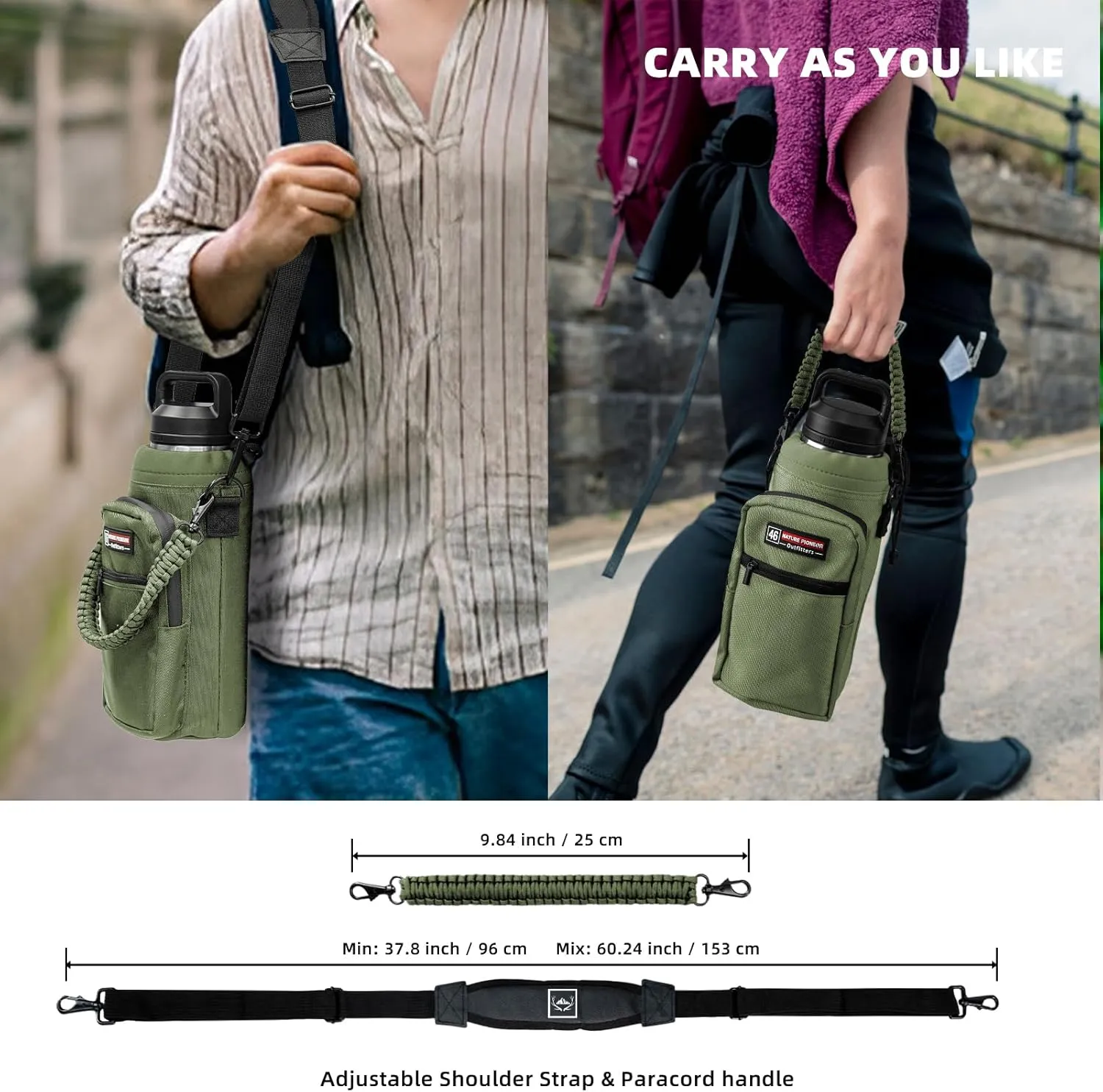 NATURE PIONEOR Water Bottle Carrier with Adjustable Strap - Insulated Sleeve Pouch Water Bottle Holder Bag with Paracord Handle & 2 Storage Pockets for 18/24/25/26/32/36/40/46oz, Hiking, Camping, Gym
