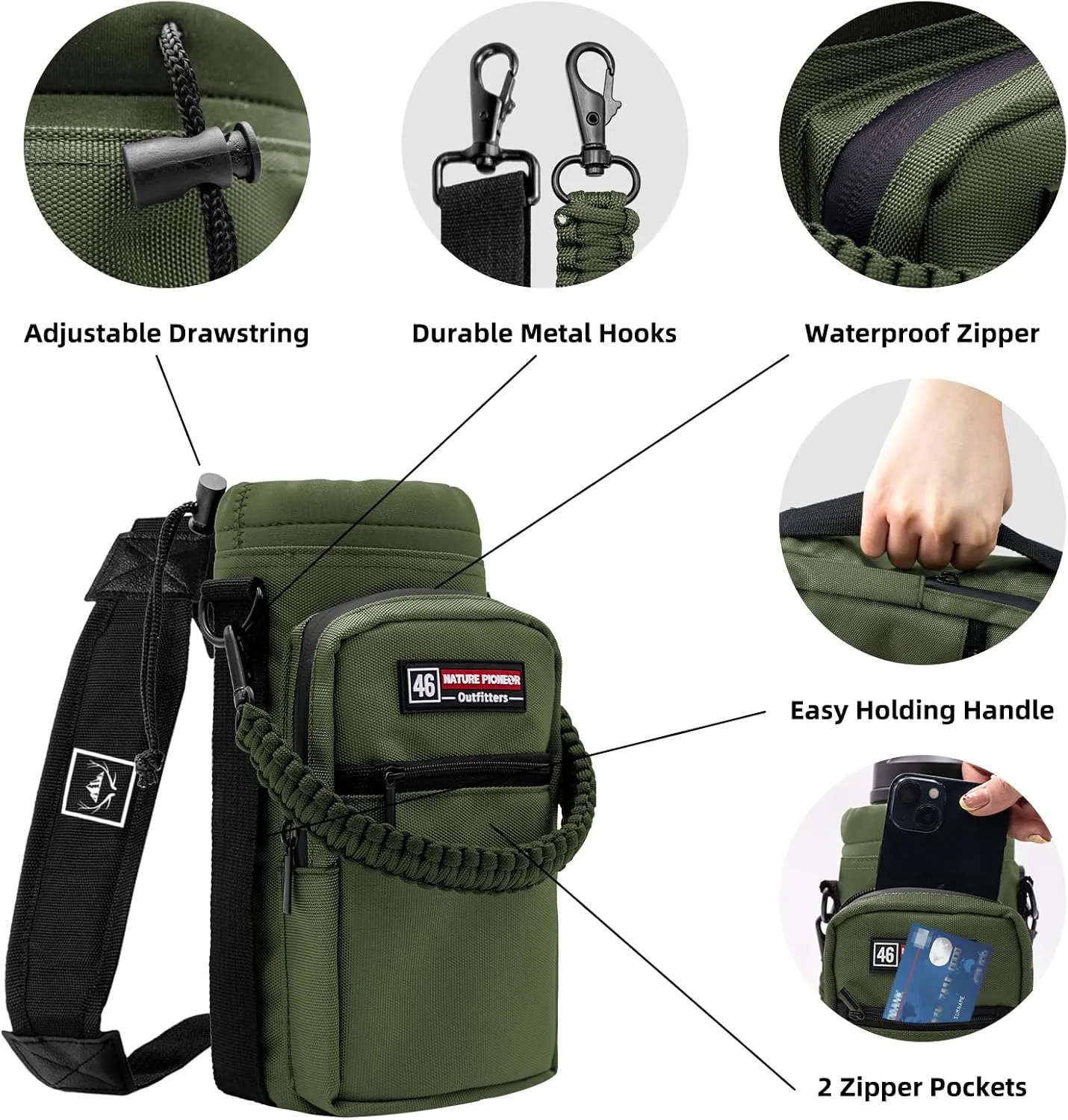 NATURE PIONEOR Water Bottle Carrier with Adjustable Strap - Insulated Sleeve Pouch Water Bottle Holder Bag with Paracord Handle & 2 Storage Pockets for 18/24/25/26/32/36/40/46oz, Hiking, Camping, Gym