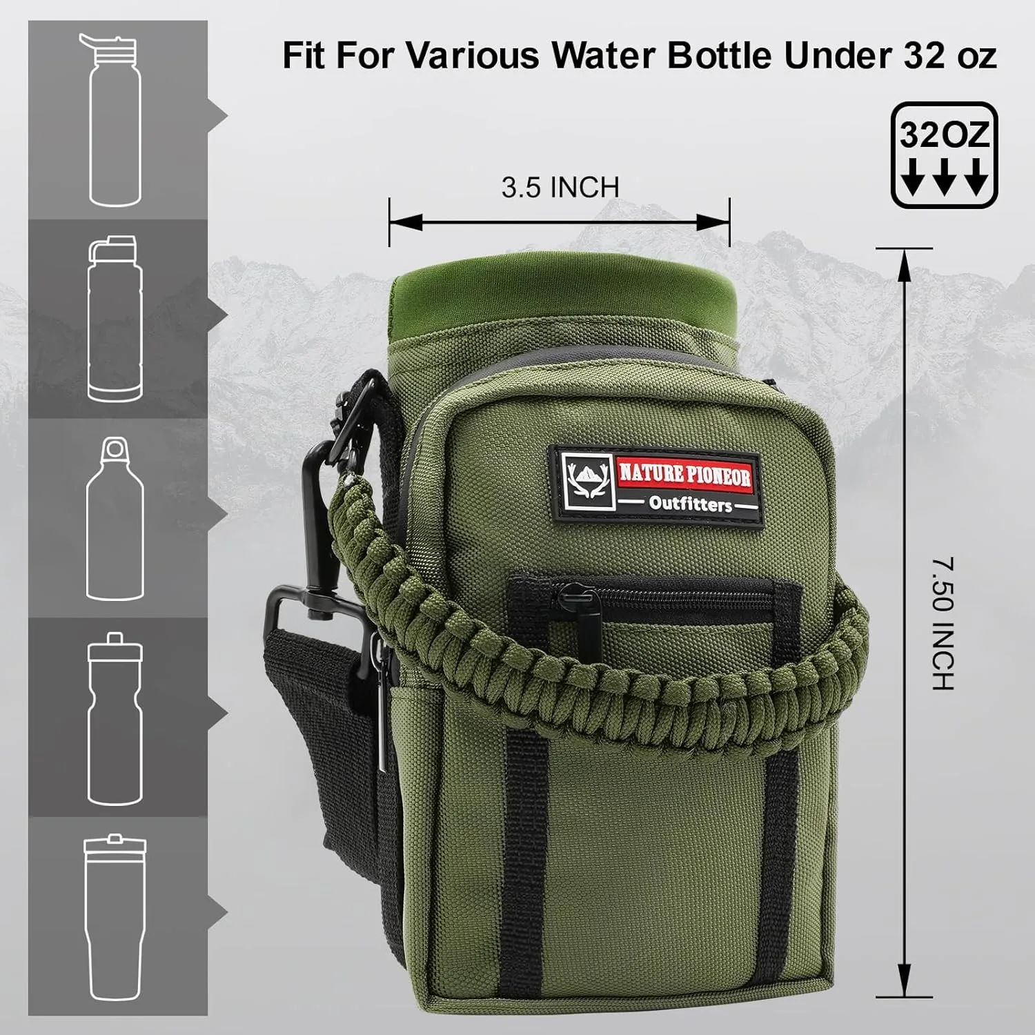 NATURE PIONEOR Water Bottle Holder with Strap 25 32 40 64 oz Insulated Water Bottle Carrier Sling Sleeve for Hiking,Outdoor Camping,Gym