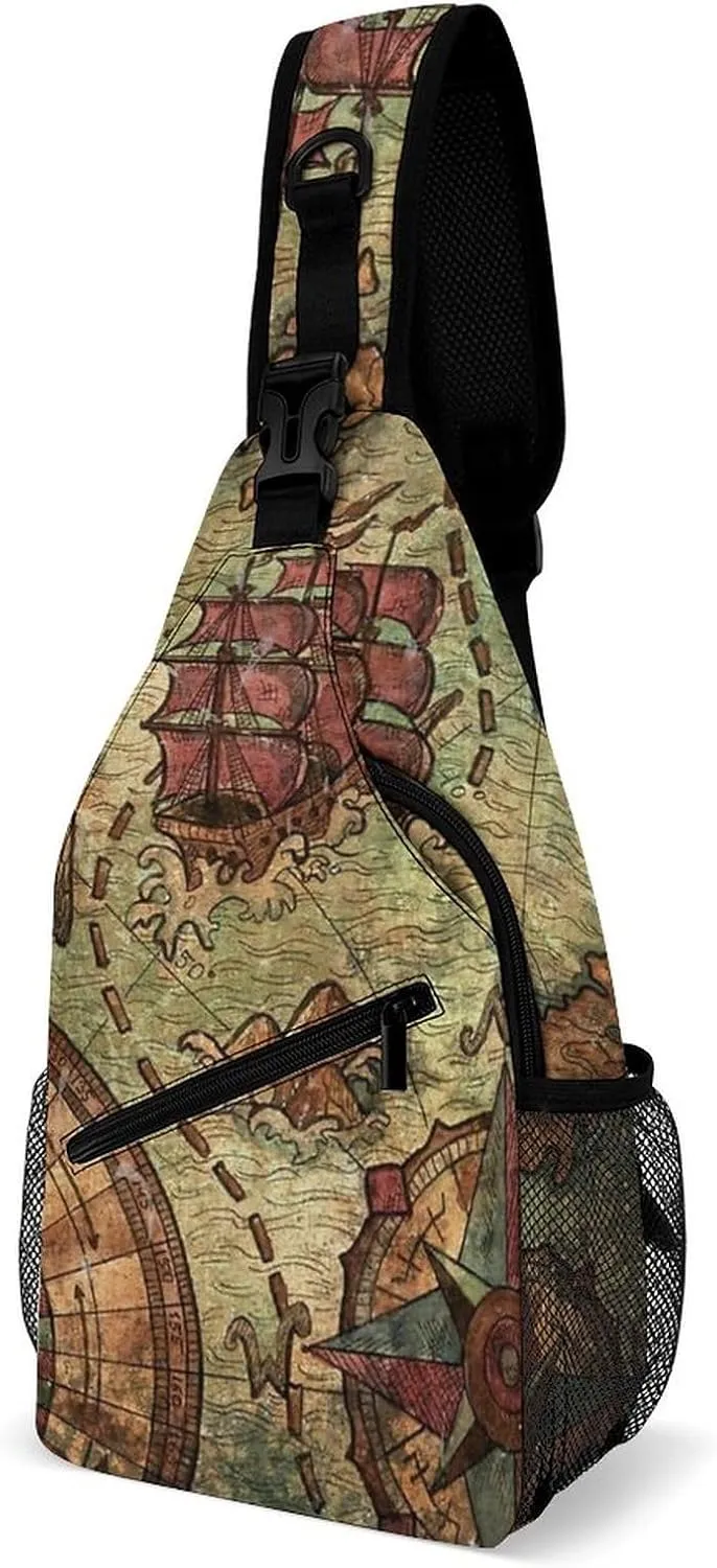 Nautical Sea Map Compass Sailing Ship Sling Bags Men And Women Shoulder Backpack Chest Bag Cross Body Chest Sling Backpack.