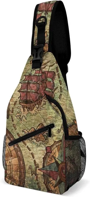 Nautical Sea Map Compass Sailing Ship Sling Bags Men And Women Shoulder Backpack Chest Bag Cross Body Chest Sling Backpack.