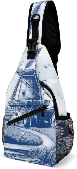 Nederland Cute Vintage Dutch Windmill Delft Blue Sling Bags Men And Women Shoulder Backpack Chest Bag Cross Body Chest Sling Backpack.