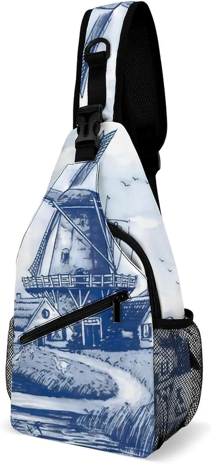 Nederland Cute Vintage Dutch Windmill Delft Blue Sling Bags Men And Women Shoulder Backpack Chest Bag Cross Body Chest Sling Backpack.