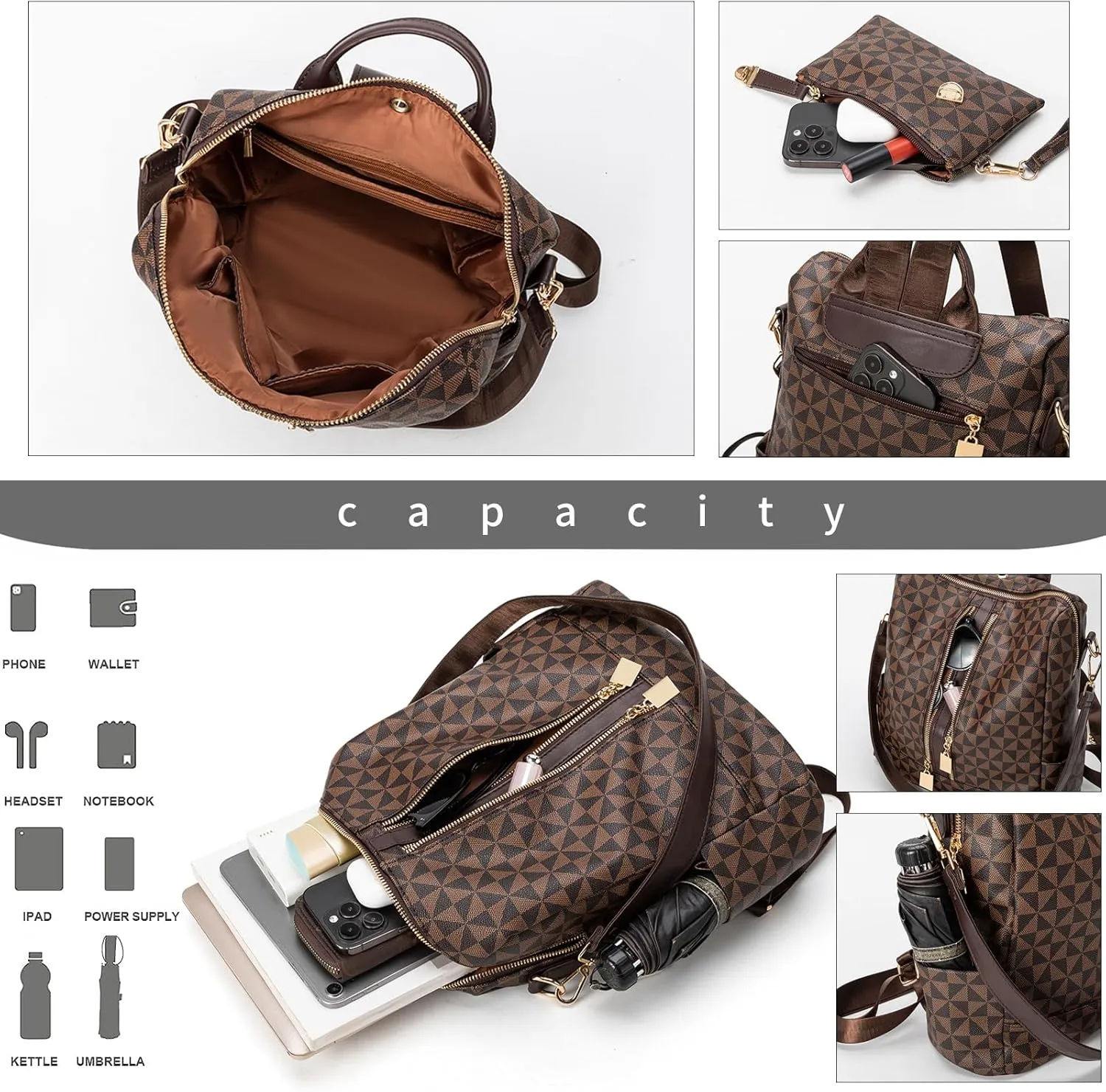 NEICOA Fashion Backpack Purse for Women Designer Convertible Travel Backpack Vegan Leather Shoulder Bag with Wallet for Ladies 2psc (Checkered Brown)
