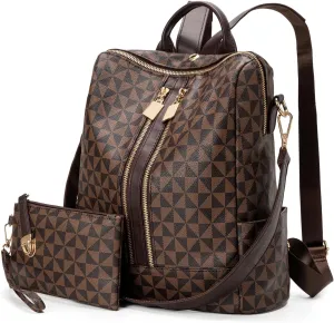 NEICOA Fashion Backpack Purse for Women Designer Convertible Travel Backpack Vegan Leather Shoulder Bag with Wallet for Ladies 2psc (Checkered Brown)