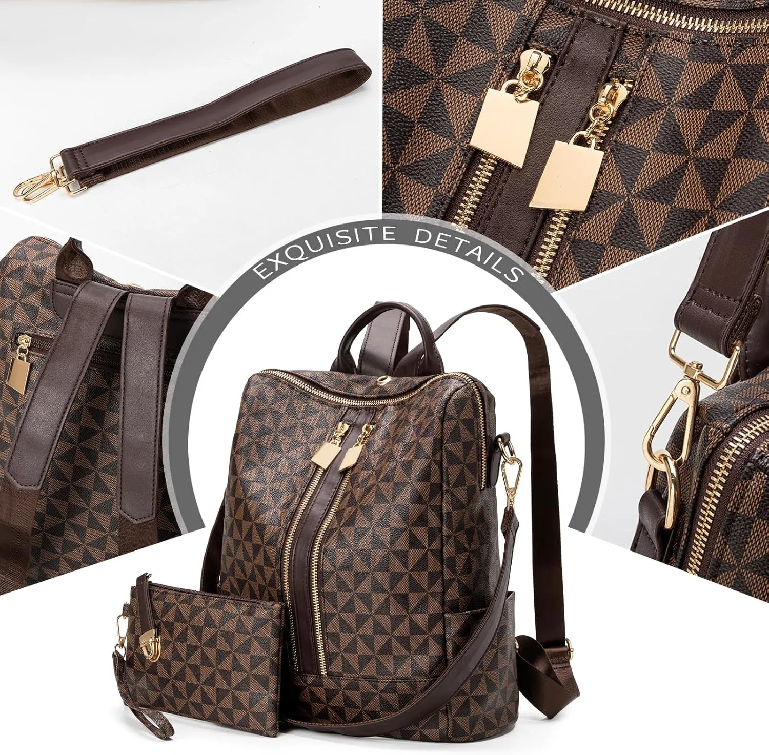 NEICOA Fashion Backpack Purse for Women Designer Convertible Travel Backpack Vegan Leather Shoulder Bag with Wallet for Ladies 2psc (Checkered Brown)