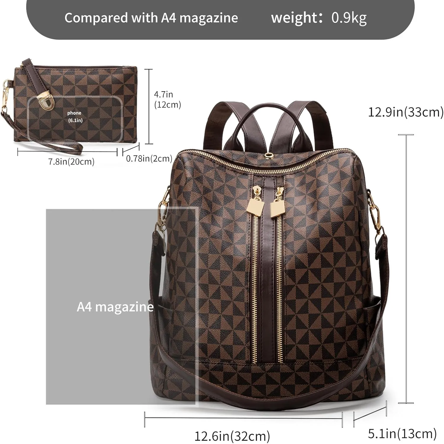 NEICOA Fashion Backpack Purse for Women Designer Convertible Travel Backpack Vegan Leather Shoulder Bag with Wallet for Ladies 2psc (Checkered Brown)