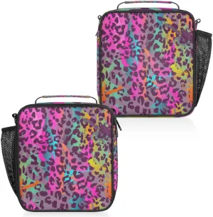 Neon Leopard Print Insulated Lunch Box, Reusable Cooler Tote Lunch Bags for Men Women, Portable Leakproof Square Meal Bag for Work Travel Picnic Hiking Daytrip