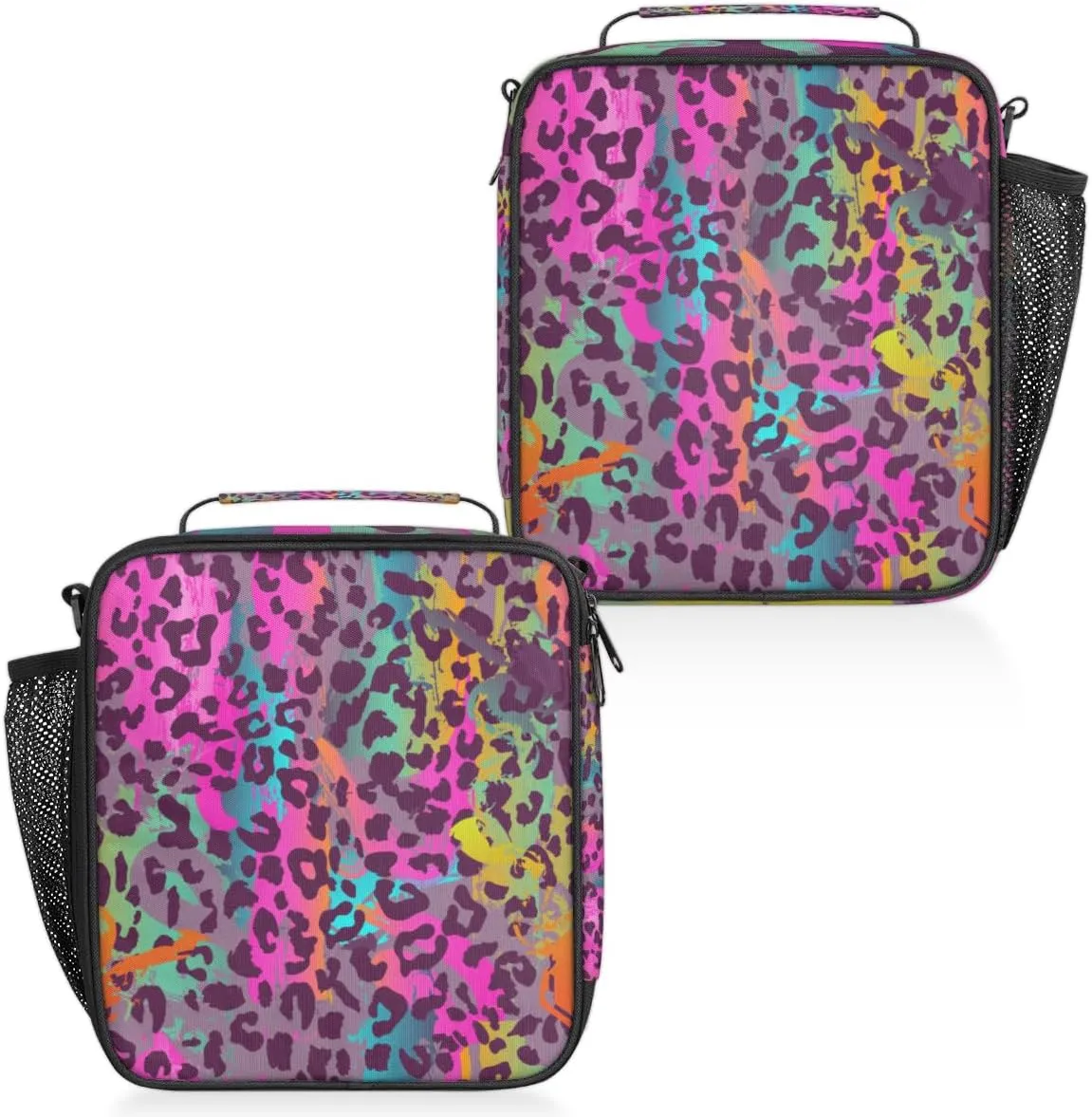 Neon Leopard Print Insulated Lunch Box, Reusable Cooler Tote Lunch Bags for Men Women, Portable Leakproof Square Meal Bag for Work Travel Picnic Hiking Daytrip