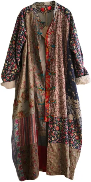 NFYM Women's Trench Coat Long Cotton Linen Floral Print Jacket Cottagecore Clothing Patchwork Outwear Each Piece Unique