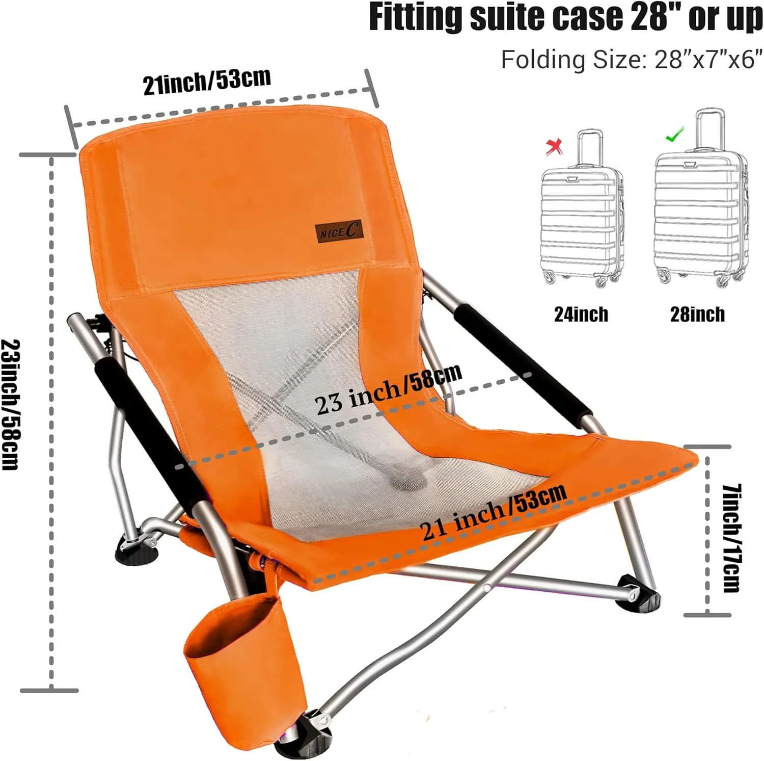 Nice C Chair Beach, Low Beach Chair, Sling, Folding, Portable, Concert, for Adults, Kids, Boat, Sand Chair with Cup Holder & Carry Bag (1 Pack of Orange)