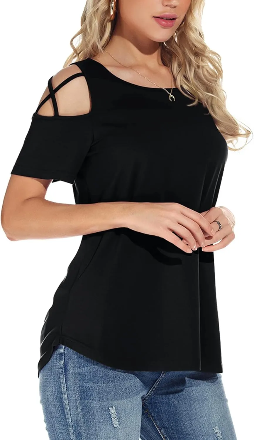 NILOUFO Womens Summer T Shirts Short Sleeve Tunic Strappy Cold Shoulder Tops