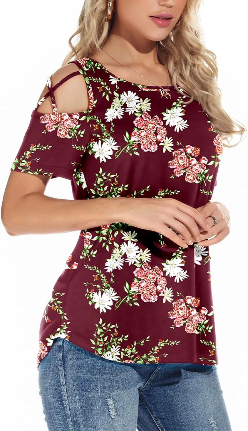 NILOUFO Womens Summer T Shirts Short Sleeve Tunic Strappy Cold Shoulder Tops