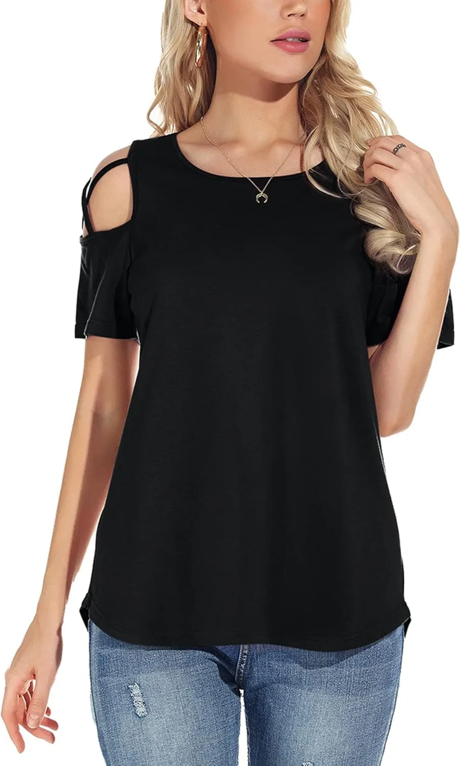 NILOUFO Womens Summer T Shirts Short Sleeve Tunic Strappy Cold Shoulder Tops