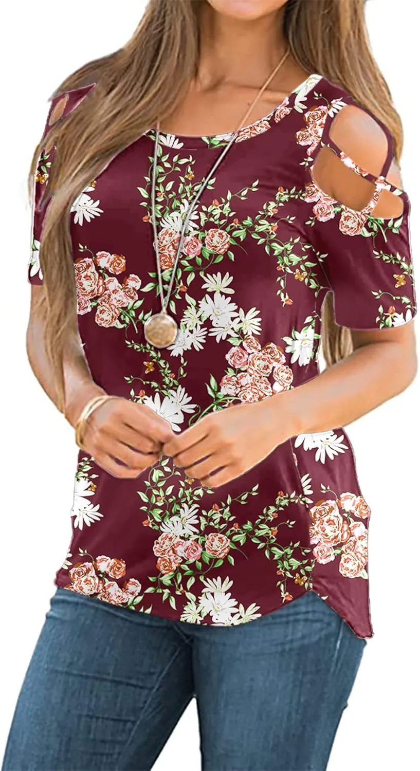 NILOUFO Womens Summer T Shirts Short Sleeve Tunic Strappy Cold Shoulder Tops