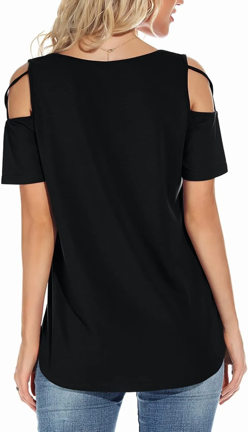 NILOUFO Womens Summer T Shirts Short Sleeve Tunic Strappy Cold Shoulder Tops