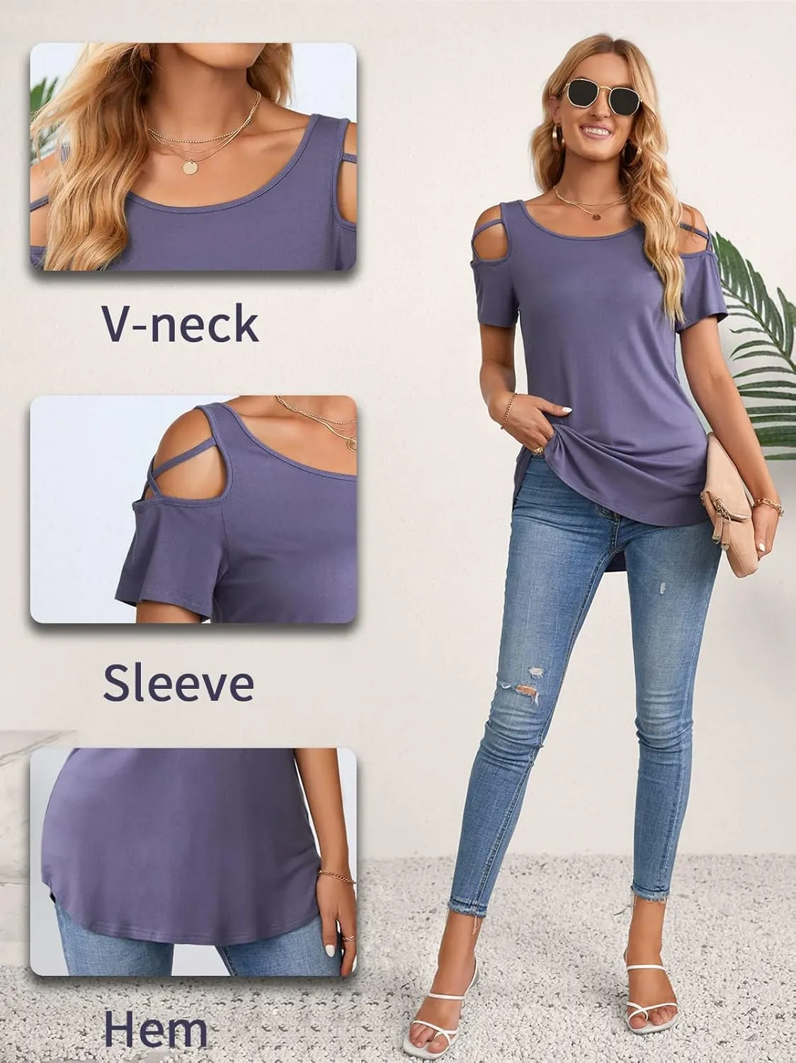 NILOUFO Womens Summer T Shirts Short Sleeve Tunic Strappy Cold Shoulder Tops