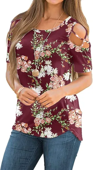 NILOUFO Womens Summer T Shirts Short Sleeve Tunic Strappy Cold Shoulder Tops