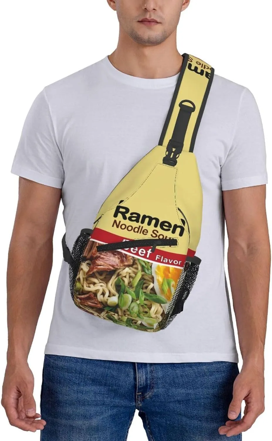 Noodle Print Sling Bag for Women Men Japanese Ramen Noodle Soup Beef Flavor Crossbody Backpack Funny Food Themed Pattern Sling Backpack Casual Shoulder Bag Gym Sports Travel Hiking Daypack