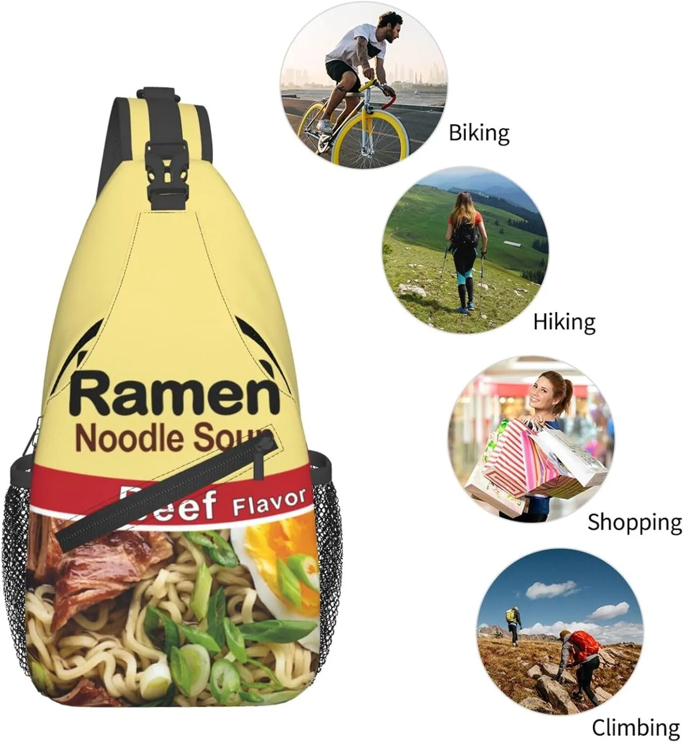Noodle Print Sling Bag for Women Men Japanese Ramen Noodle Soup Beef Flavor Crossbody Backpack Funny Food Themed Pattern Sling Backpack Casual Shoulder Bag Gym Sports Travel Hiking Daypack