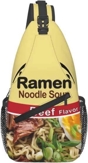 Noodle Print Sling Bag for Women Men Japanese Ramen Noodle Soup Beef Flavor Crossbody Backpack Funny Food Themed Pattern Sling Backpack Casual Shoulder Bag Gym Sports Travel Hiking Daypack
