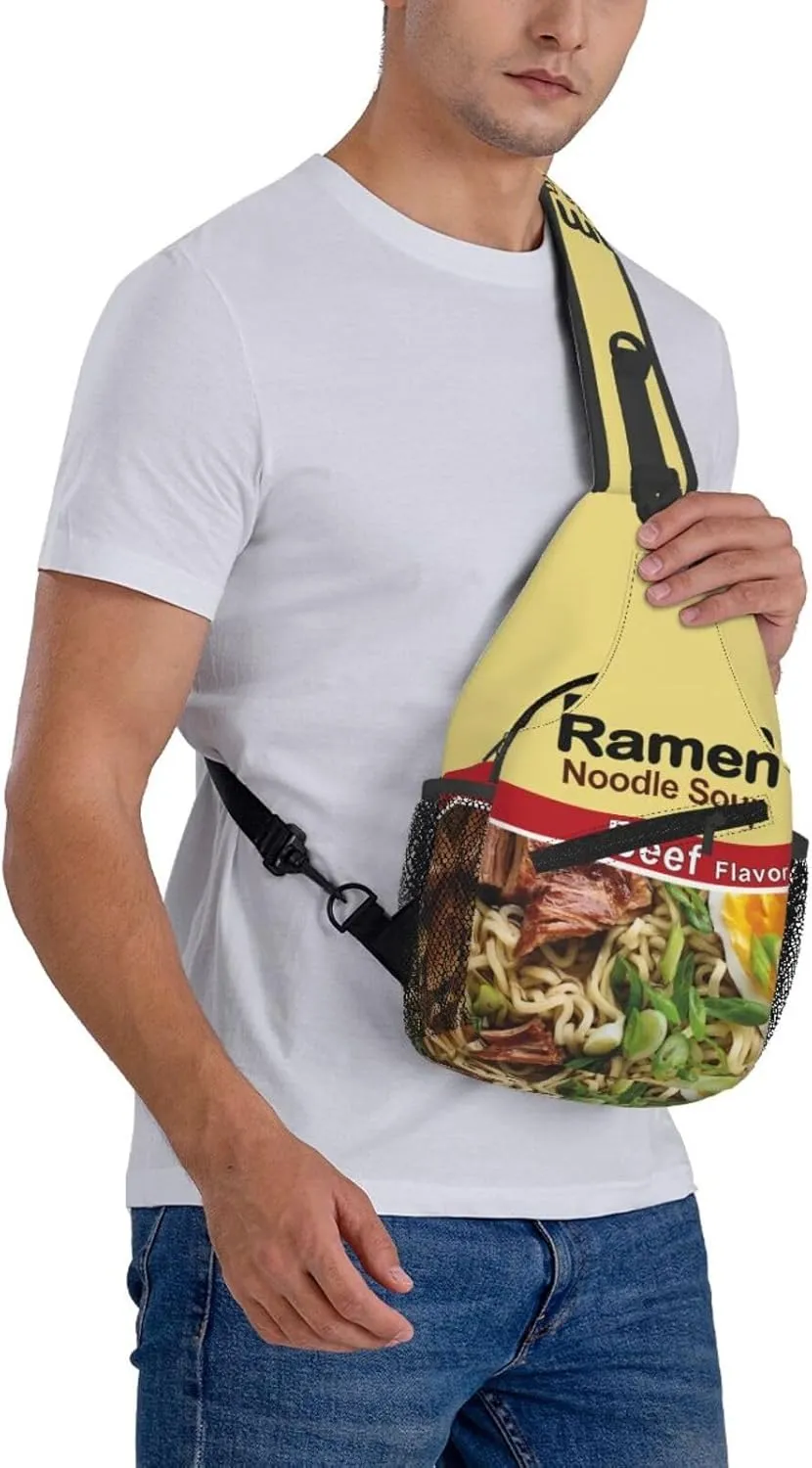 Noodle Print Sling Bag for Women Men Japanese Ramen Noodle Soup Beef Flavor Crossbody Backpack Funny Food Themed Pattern Sling Backpack Casual Shoulder Bag Gym Sports Travel Hiking Daypack