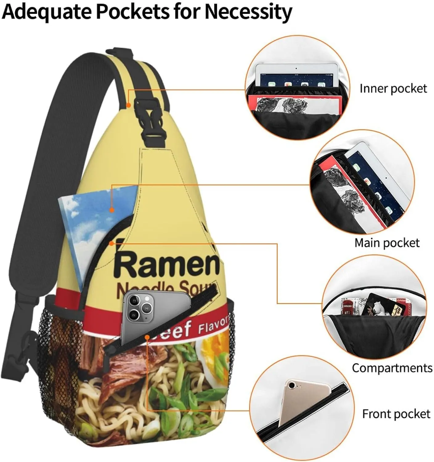 Noodle Print Sling Bag for Women Men Japanese Ramen Noodle Soup Beef Flavor Crossbody Backpack Funny Food Themed Pattern Sling Backpack Casual Shoulder Bag Gym Sports Travel Hiking Daypack