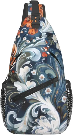 Norwegian Rosemaling Folk Floral Sling Bag Crossbody Backpack Hiking Travel Daypack Shoulder Chest Bag with Adjustable Strap for Women Mens
