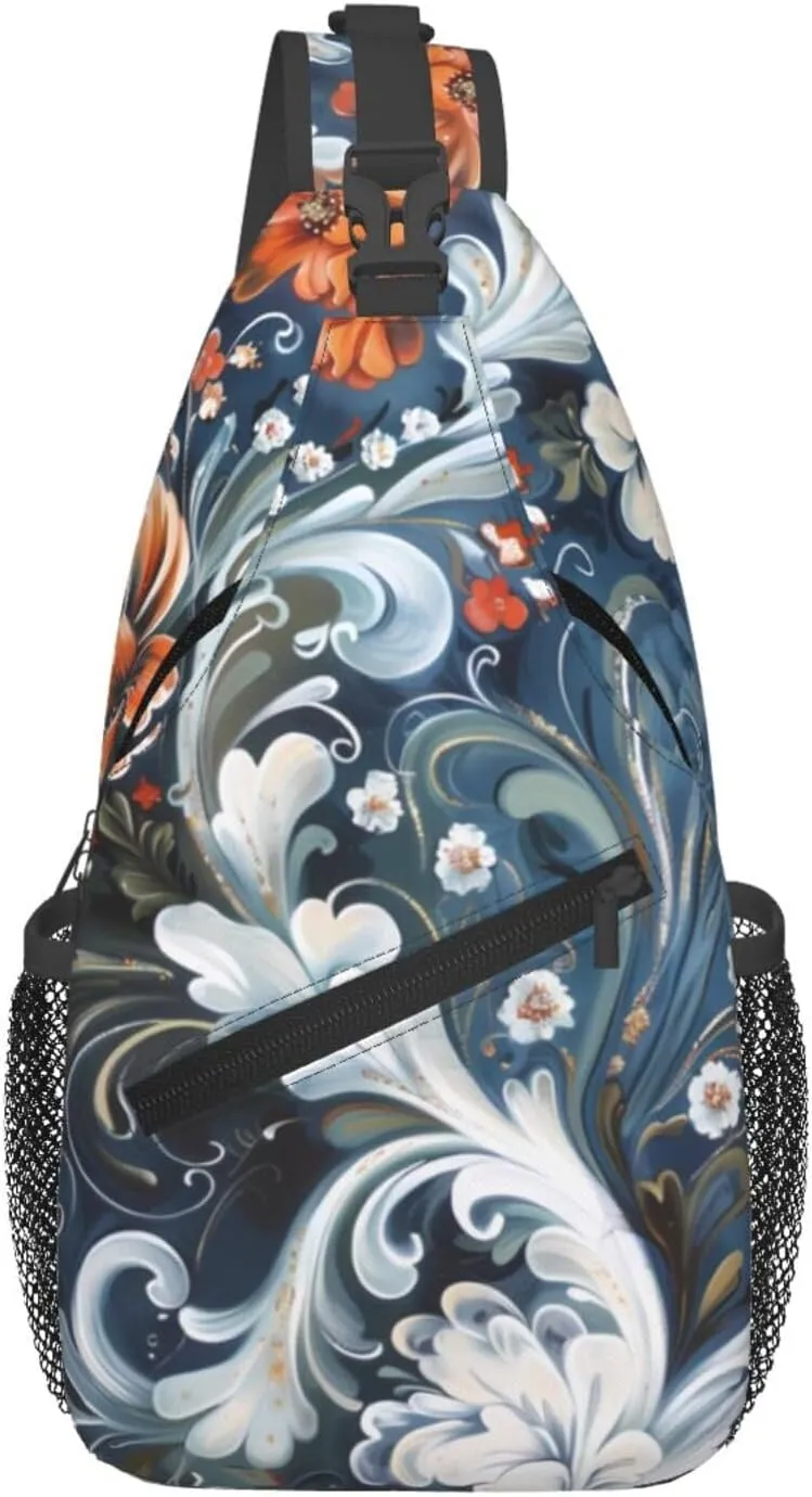 Norwegian Rosemaling Folk Floral Sling Bag Crossbody Backpack Hiking Travel Daypack Shoulder Chest Bag with Adjustable Strap for Women Mens
