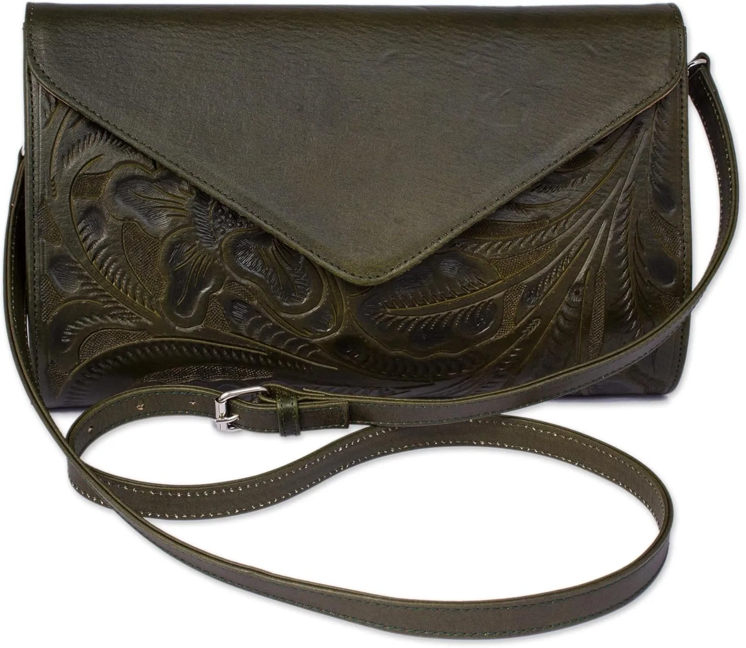 NOVICA Artisan Handmade Leather Handbag Floral Pattern in Moss from Mexico Handbags Green Slings Patterned ' Historic Floral in Moss'