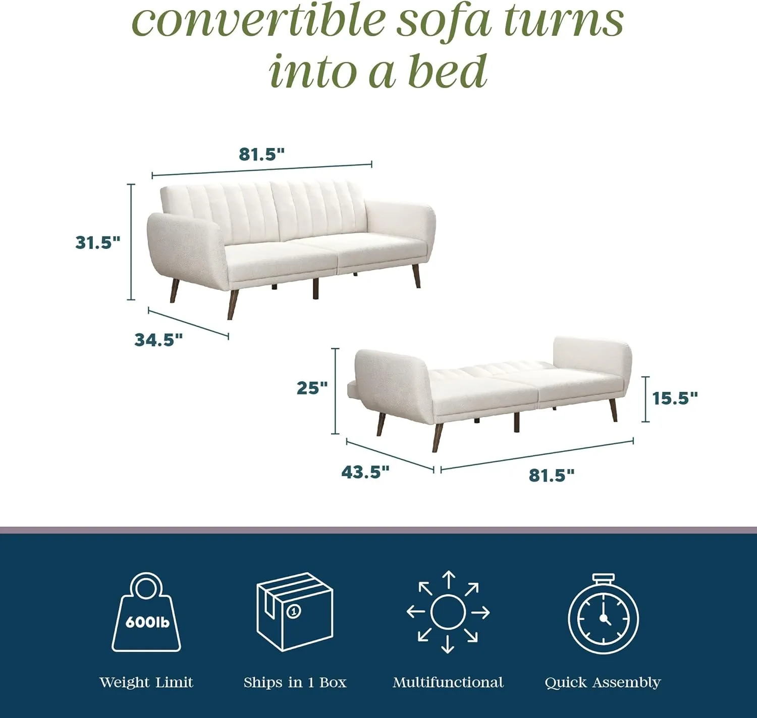 Novogratz Brittany 81.5" Futon Sofa Bed and Couch Sleeper, Ivory Boucle