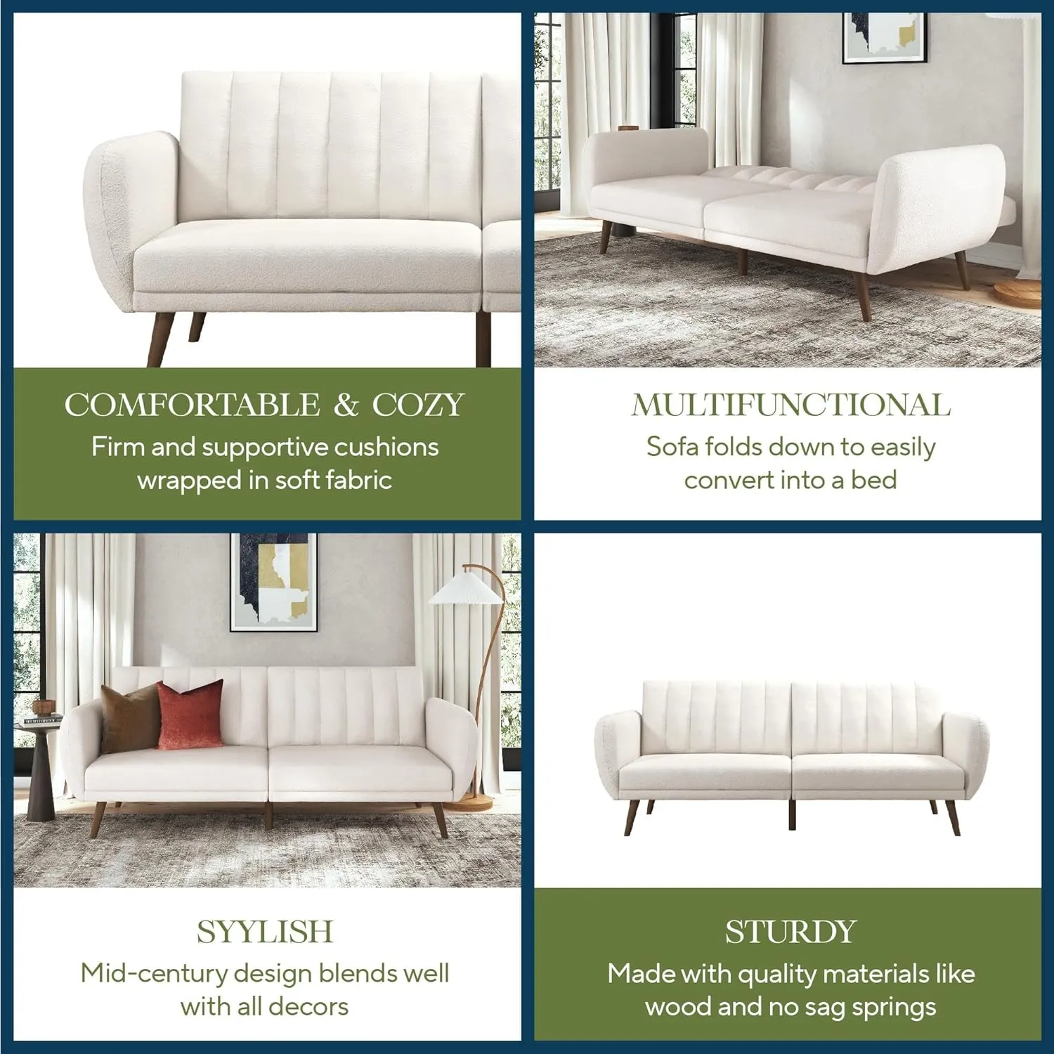 Novogratz Brittany 81.5" Futon Sofa Bed and Couch Sleeper, Ivory Boucle