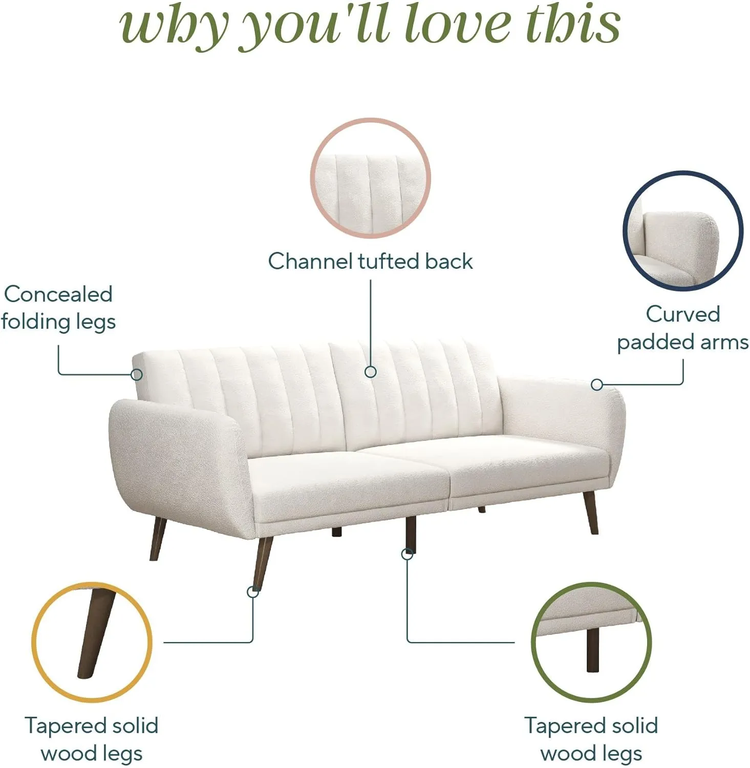 Novogratz Brittany 81.5" Futon Sofa Bed and Couch Sleeper, Ivory Boucle