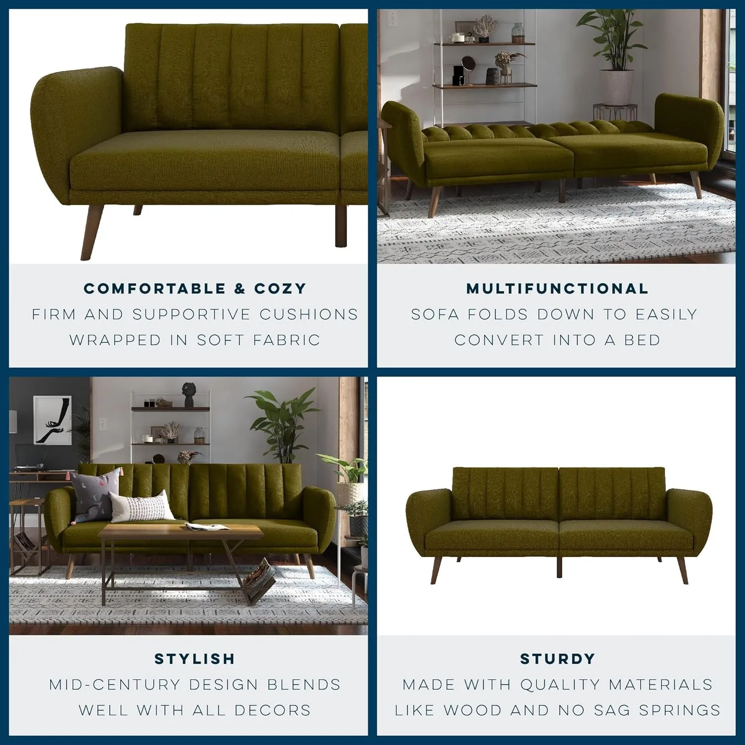 Novogratz Brittany 82 Inch Futon Sofa Bed in Faux Leather, Upholstered Couch Sleeper with Tufted Back, Mid-Century Modern Design, Green