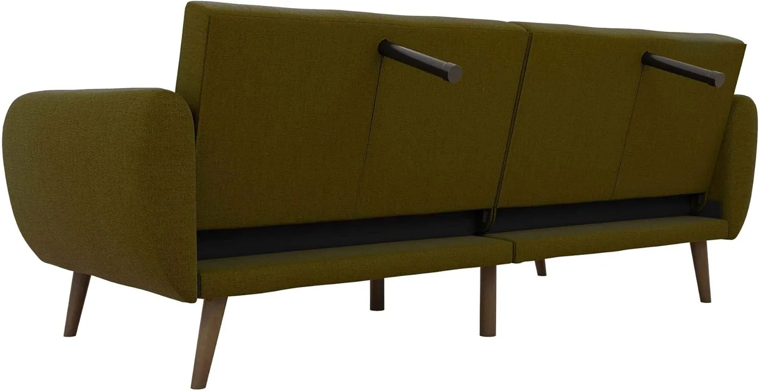 Novogratz Brittany 82 Inch Futon Sofa Bed in Faux Leather, Upholstered Couch Sleeper with Tufted Back, Mid-Century Modern Design, Green