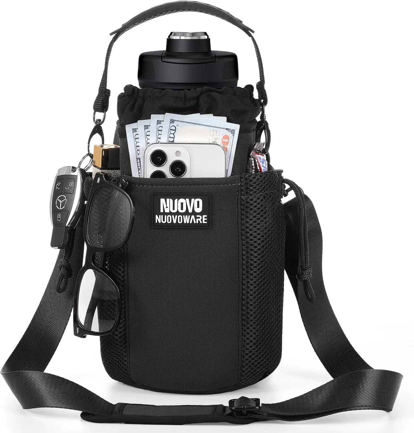 Nuovoware Water Bottle Carrier Bag, 64OZ Insulated Water Bottle Holder with Strap 4 Pockets, Water Bottle Carrier Sling Bag for Walking Hiking Camping Fishing Sport