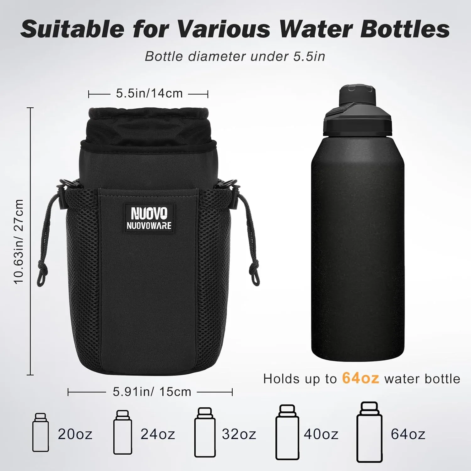 Nuovoware Water Bottle Carrier Bag, 64OZ Insulated Water Bottle Holder with Strap 4 Pockets, Water Bottle Carrier Sling Bag for Walking Hiking Camping Fishing Sport