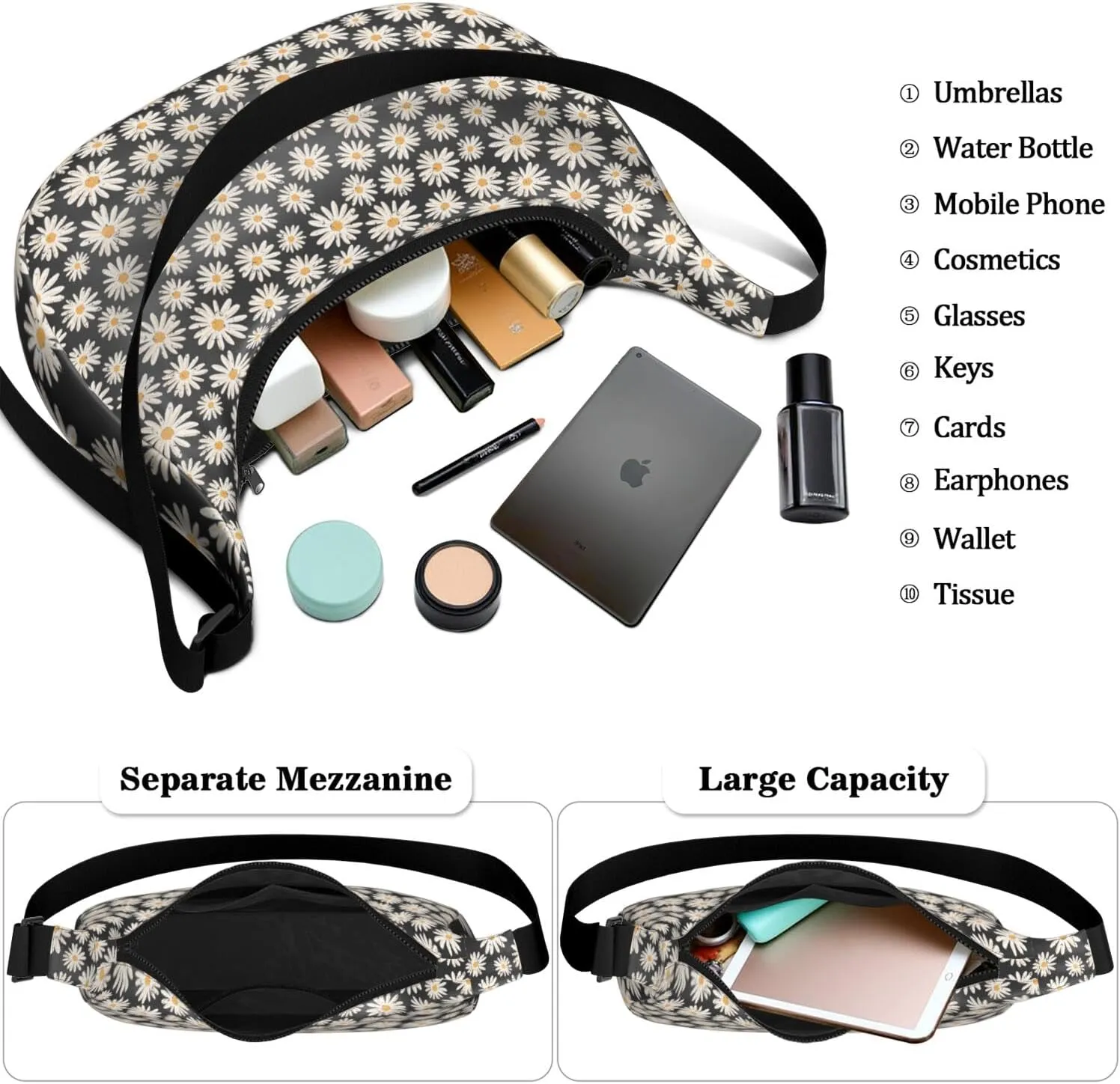 Nylon Crescent Bag for Women, Floral Theme Medium Crossbody Bags with Adjustable Strap Shoulder Tote Half Moon Bag