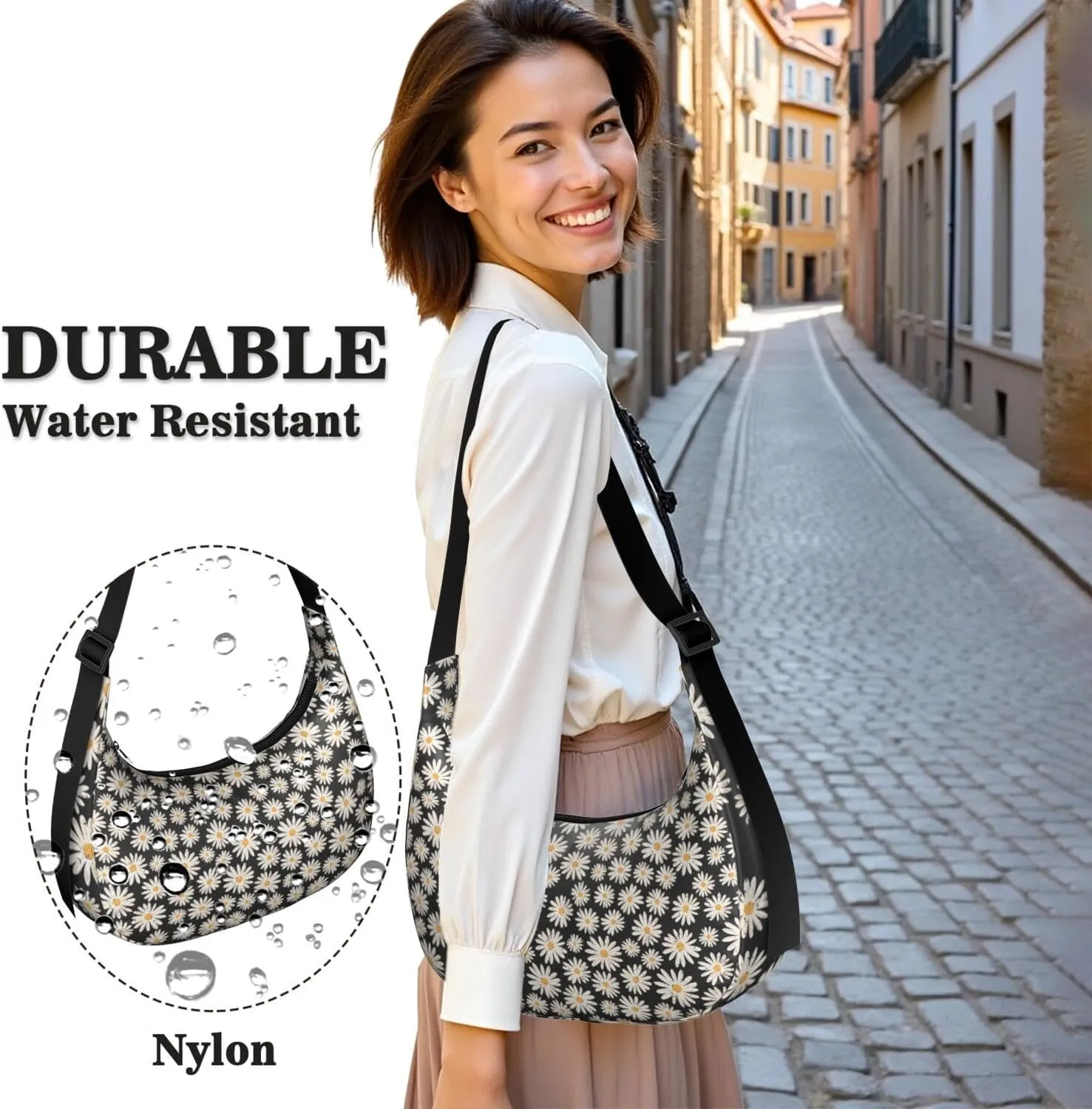 Nylon Crescent Bag for Women, Floral Theme Medium Crossbody Bags with Adjustable Strap Shoulder Tote Half Moon Bag